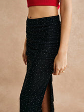 Poéselle Women's Bottoms Party Skirts Valentine's Day Evening Rhinestone Decor Ruched Long Skirt, Fashionable Elegant